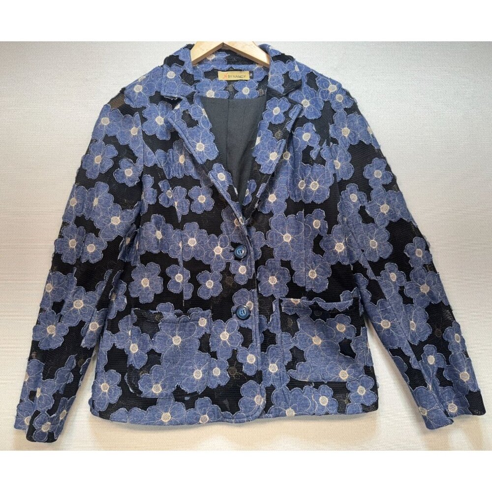 N by Nancy Women's 2 Button Casual Blazer Size M Navy Blue Floral Long Sleeve